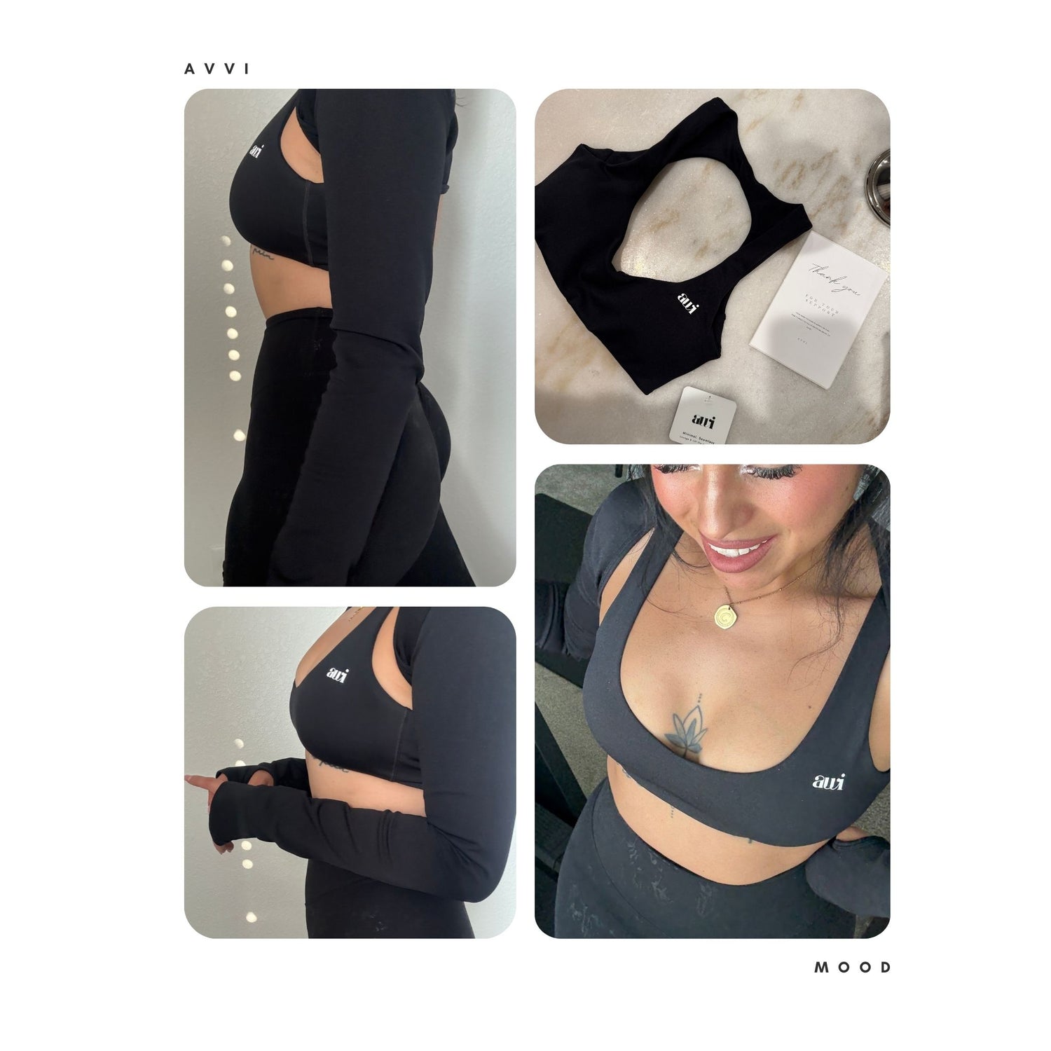 Collage of black sports bra and leggings with visible brand logo, on a white background.