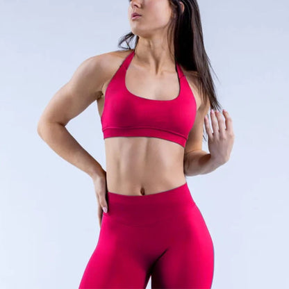 2 piece workout set for women, red halter top and red seamless leggings